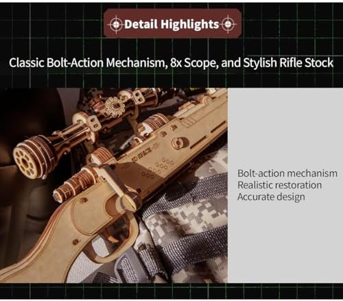 3D Wooden Kar98k Rifle Model Kit, 200+ PCS DIY Steampunk Cowboy Puzzle with Wooden Bullets, Mechanical Assembly Kit for Adults & Teens, Natural Wood Edition - Image 5