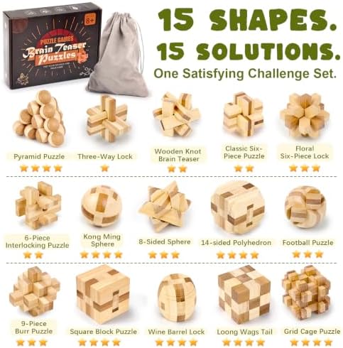 VolksRose 15pcs Wooden Brain Teaser Puzzles, IQ Challenge Puzzle Games, Logic Smart Mind Puzzle Box Lock Toy Removing Assembling 3D Small Puzzle Gift Set for Adults Teenagers Kids, 1.8inch 4.5cm - Image 2
