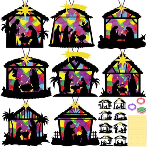 Renbuzhu 40PCS Christmas Crafts Bulk: Nativity Religious Paper Suncatchers DIY Kit for Winter Xmas Holiday Activities Decorations, Window Stained Glass Effect Art Ornaments by Renbuzhu