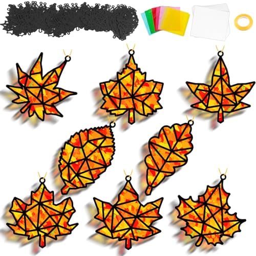 32 Sets Fall Leaf Suncatcher Craft for Kids Thanksgiving Maple Leaf DIY Art by QOUBAI