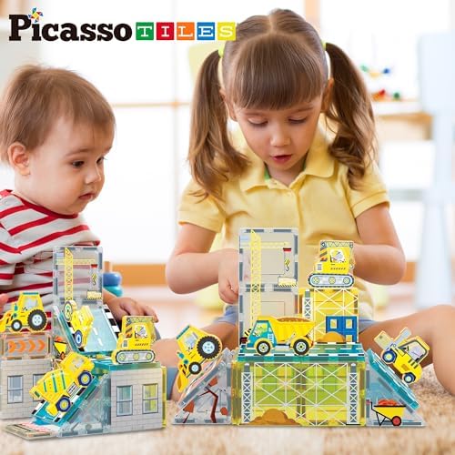 PicassoTiles Magnetic Tile Construction Set with 8 Vehicle Figures and 18 Printed Panels STEM Educational Building Kit for Kids Age 3 Plus Creative Play Learning Blocks Motor Skills Development PTQ21 - Image 6