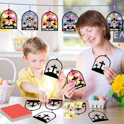 Qyeahkj 36 Set Easter Jesus Cross Suncatchers Crafts for DIY Christian Religion Cross Window Tissue Paper Craft Kit Hanging Decor for Home Activity Art Project Birthday Party Favor - Image 6