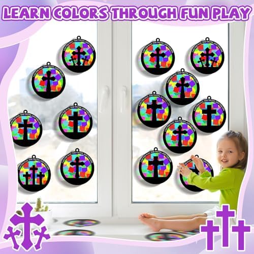 QOUBAI 32 Sets Easter Cross Suncatchers Craft Kit DIY Religious Window Stained Glass Effect Christian VBS Paper Hanging Ornament Kid Sunday School Birthday Gift Creative Art Project Activity Game - Image 5
