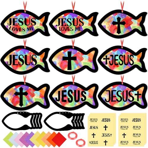 Renbuzhu 48PCS Sunday School VBS Crafts Bulk: Paper Jesus Fish Nativity Suncatchers, Religious Christian Activity DIY Kits Church Decorations, Window Stained Glass Effect Art Supplies by Renbuzhu