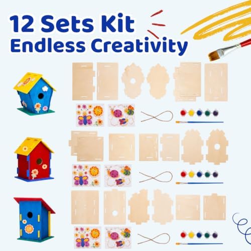 Neliblu DIY 12 Wooden Bird House Kits - Creative Arts and Crafts Set for Adults - Unfinished Wood Birdhouses with Paint Strips, Brushes, Stickers and Strings - 3 Unique Shapes, 2 Sizes - Image 2