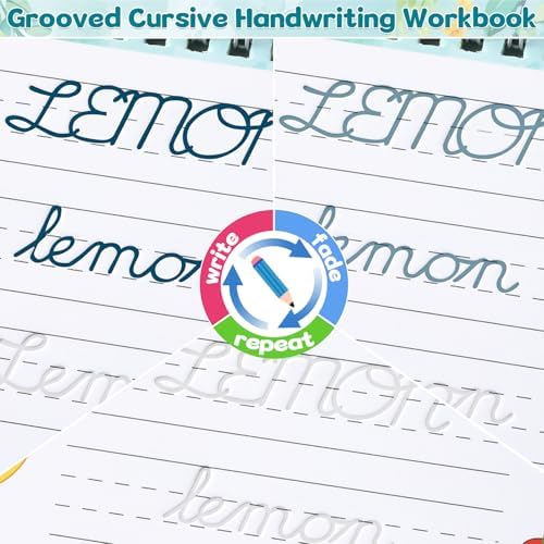 chiazllta Grooved Cursive Handwriting Workbook with Disappearing Ink Pens Magic Reusable Grooved Cursive Writing Practice for Beginners Kids Kickoff Student Workbook Homeschooling Supplies (Words) - Image 4