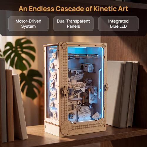3D Wooden Marble Run Book Corner Set, Featuring LED Lights, a Motor-Driven circulating Marble Track, and an Acrylic Panel—a challenging DIY Craft kit for Adults. - Image 2