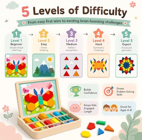 248 Pcs Wooden Magnetic Pattern Block Set with Cards, Pen & Storage Bag, Montessori STEM Tangram Puzzle Toys for Toddlers 4 5 6 7 8, Educational Brain Teaser Gift for Boys Girls - Image 5