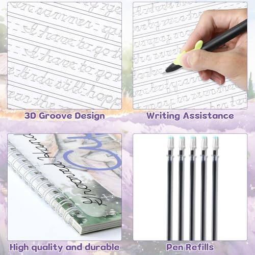 chiazllta Grooved Cursive Handwriting Workbook with Disappearing Ink Pens Magic Reusable Grooved Cursive Writing Practice for Beginners Kids Kickoff Student Workbook Homeschooling Supplies (Poems) - Image 3