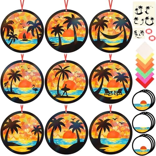 Renbuzhu 48PCS Summer Crafts: Paper Tropical Palm Tree Suncatchers DIY Kits, Window Stained Glass Effect Art Supplies for Hawaiian Luau Tiki Beach Party Favors by Renbuzhu