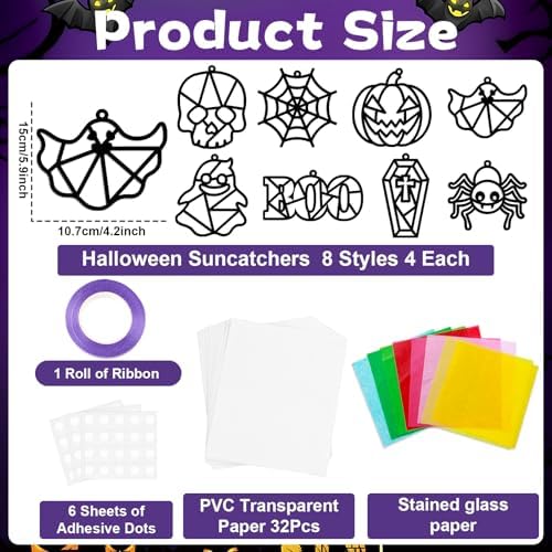 32 Sets Halloween Suncatchers Craft Kit DIY Window Stained Glass Effect Ghost Spider Skull Pumpkin Paper Crafts Home School Classroom Decoration Kid Birthday Gift Creative Art Project Activity Game - Image 2