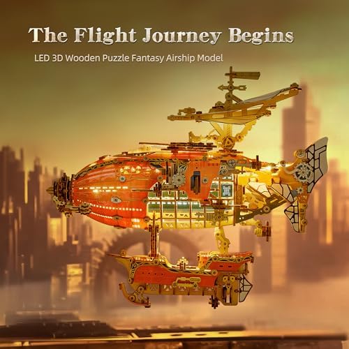 FUNPOLA LED 3D Wood Puzzle Fantasy Airship Model - Steampunk DIY Craft Kit with LED Lights – Intricate Wooden Airship Model Building Set for Adults(Orange) - Image 2