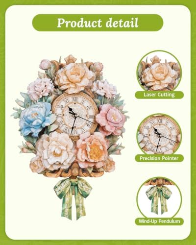 3D Wooden Puzzles for Adults, Flower Clock with Pendulum Model Kit, 3D Puzzles for Adults Room Home Decor DIY Wall Clock Kit, Holiday Birthday Christmas Day Gifts for Men Women - Image 3