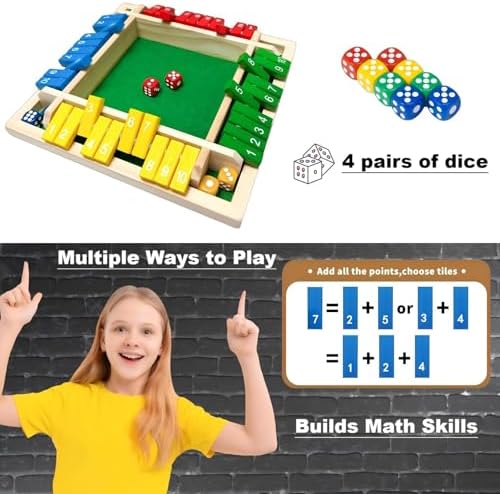 Shut The Box Game Dice Game, 2-4 Player Math Learning Toy for Adult Kids 5-7 8-12, Educational Wooden Board Tabletop Game with 8 Dice for Family, Classroom & Senior Activities, Pub and Party - Image 3