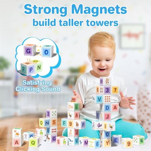 Large Magnetic Blocks for kids ages 4-8-Toddler Toys,30pcs Big Magnet Building Blocks, STEM Sensory Travel Printed Montessori Toys for Boys&Girls, Learning Construction Magnetic Cubes for Gift - Image 5