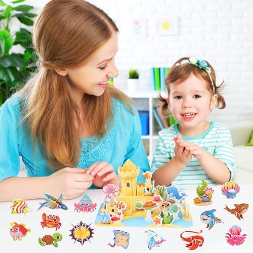 CCINEE 3D Puzzles for Kids, Cartoon Paper Puzzles Toy Gift Set for Girls and Boys Educational DIY Jigsaw Puzzle 30Pcs Mini Ocean Animals 1 Pack Sea World House for School Classroom Craft - Image 5