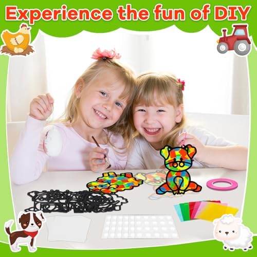 QOUBAI 32 Sets Farm Animals Suncatchers Craft Kit DIY Window Stained Glass Effect Cow Horse Chicken Paper Craft Home School Classroom Decoration Kid Birthday Gift Creative Art Project Activity Game - Image 4
