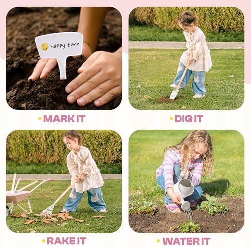 ROBUD Kids Wheelbarrow with Gardening Tools Set-9pcs Metal Toddler Wheelbarrow, Garden Tools, Watering Can, Plant Labels– Child Outdoor Toy for Ages 3+, Christmas Birthday Gifts for Boys Girls(Pink) - Image 4