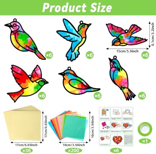 Qyeahkj 36 Set Spring Bird Suncatchers Crafts for Kids DIY Bird Window Tissue Paper Craft Kit Animal Hanging Decor for Summer School Home Activity Art Project Birthday Party Favor Gift - Image 2