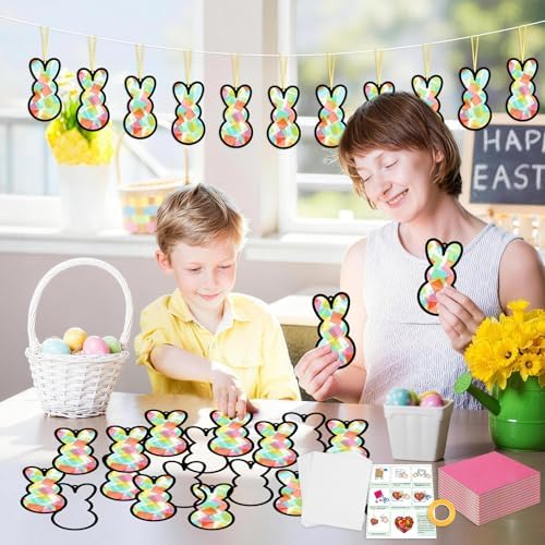 Qyeahkj 36 Set Easter Bunny Suncatchers Crafts for Kids DIY Colorful Rabbits Window Tissue Paper Craft Kit Hanging Decor for Easter Classroom Home Activity Art Project Birthday Party Favor - Image 5