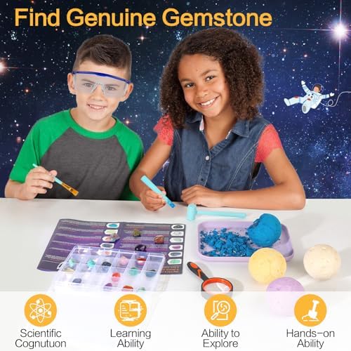 QLKUNLA Gemstones Dig Kit, Excavate 24 Real Gems in Solar System STEM Educational Space Toys for Boys & Girls Archaeology Geology Science Project Gift - Image 2