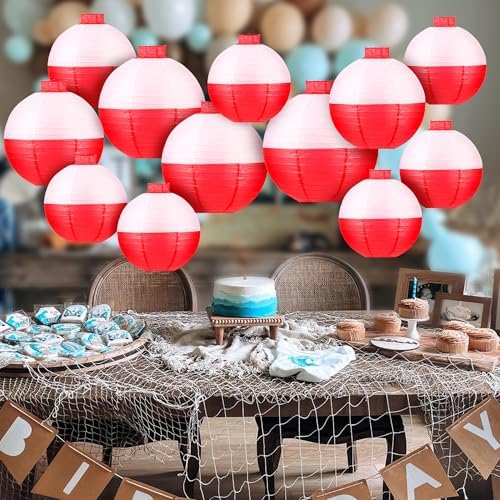 Fishing Bobber Paper Lanterns Round Decoration Lantern 12 PCS Red and White Hanging Paper Lanterns for Fishermen Theme Party Decoration Supplies Birthday Decor - Image 3