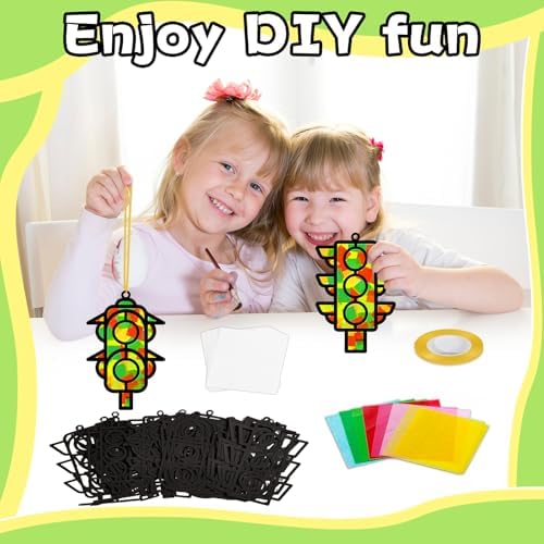 QOUBAI 32 Sets Traffic Light Suncatchers Craft Kit DIY Window Stained Glass Effect Traffic Lamp Paper Crafts Home School Classroom Decoration Kid Birthday Gift Creative Art Project Activity Game - Image 4