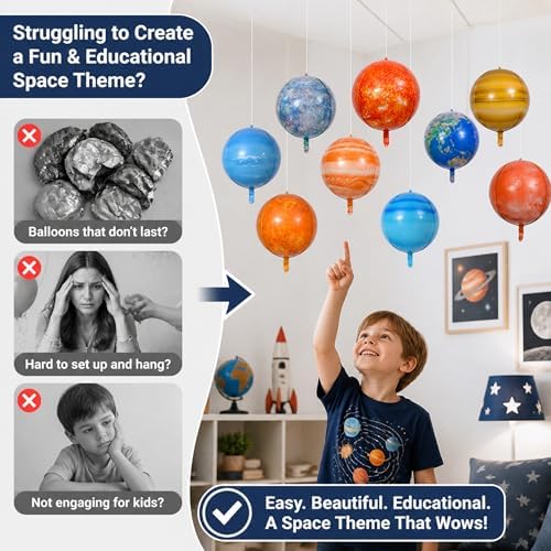 Solar System Balloons Set, Inflatable Planet Balloons with Sun & 8 Planets, Space Party Decorations Hanging Kit, Foil Space Balloons - Image 2