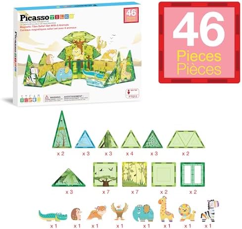 PicassoTiles Magnet Tile Building Block Safari Themed Set with 8 Compatible Magnetized Animal Action Figures Build Blocks Toddler Creativity Toys STEAM Educational Learning Skills Ages 3+ PTQ12 - Image 3
