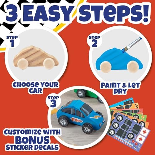 Kids Paint Your Own Wooden Car Craft Kits (12 Pack) – DIY Wood Painting Art Kits, Individually Wrapped w Paint, Brush & Bonus Decal Stickers – Party Favors, Classroom Crafts, Bulk Kids Activities - Image 4