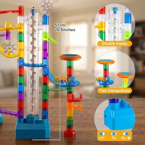152pcs Glowing Marble Run Kit with Double Tracks Motorized Spiral Lift,2 Stunt Trampolines,30 Glow in The Dark Plastic Marbles & More. Building Project Toys, STEM Gifts for Boys&Girls. - Image 2
