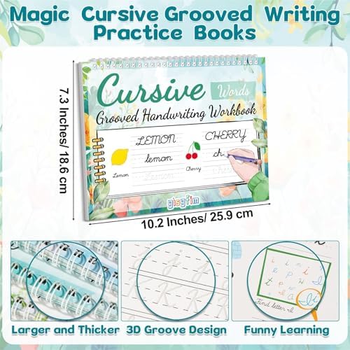 gisgfim 4 Pack Grooved Cursive Handwriting Workbook Kit Magic Reusable Grooved Handwriting Practice with Disappearing Ink Pens Cursive Kickoff Student Workbook for Kids Words Letters Sentences Reading - Image 2