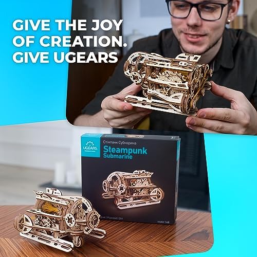 UGEARS 3D Wooden Puzzles for Adults - Steampunk Submarine Wooden Model Kit – Mechanical Puzzle Model Building Kits - DIY Kits for Adults for Maritime Enthusiasts Gifts for Puzzle Lovers - 200 Pcs - Image 3