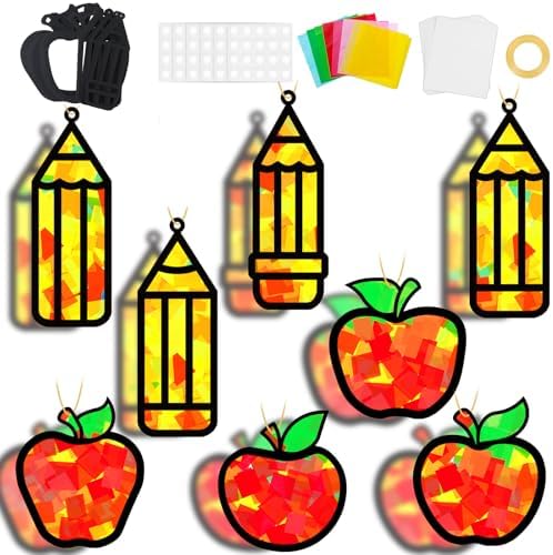32 Sets Back to School Apple Pencil Suncatchers Craft Kit DIY Window Stained Glass Effect First Day of School Paper Craft Home Classroom Decoration Kid Birthday Gift Creative Art Project Activity Game by QOUBAI