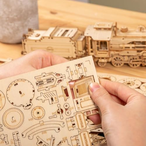 ROKR 3D Wooden Puzzle for Adults Mechanical Car Model-DIY Building Vehicle Kits-Brain Teaser Toys-Gift for Men Women on Birthday/Christmas Day (Steam Train Model with Carriage) - Image 4