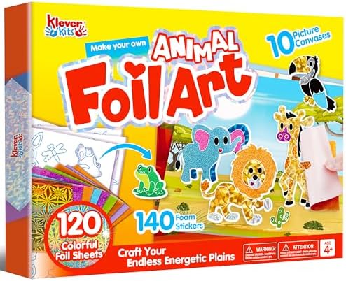 Klever Kits Foil Art Kit for Kids - Arts & Crafts Supplies, Mess Free Coloring, Animal Foil Foam Stickers, Creative Travel Toys, Birthday Gifts for Boys & Girls Ages 4 and Up by KleverKits