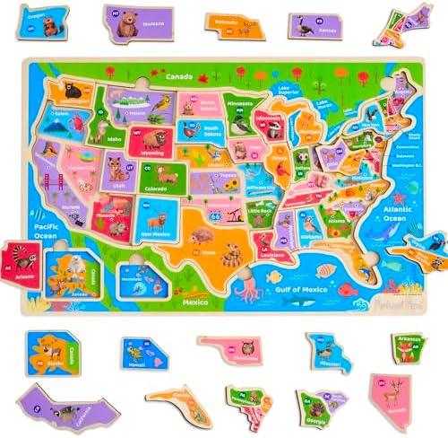 Montessori Mama USA Map Wooden Puzzle, Puzzles for Kids Ages 4-6 Educational Toys for 4 Year Old Kids Puzzles Ages 5-8 Landmarks, Animals, Capitols and States by MontessoriMama
