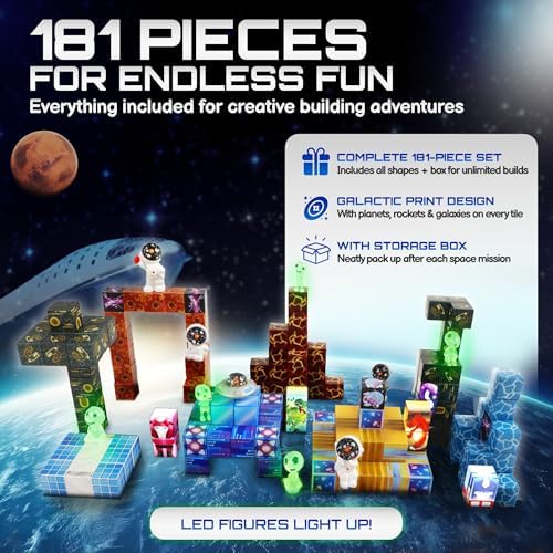 181-Piece Magnetic Building Blocks Set – STEM Toys for Kids Ages 3+ | Educational Space-Themed Magnetic Construction Kit with LED Light-Up Cubes | Sensory Gift Toy for Boys & Girls - Image 2