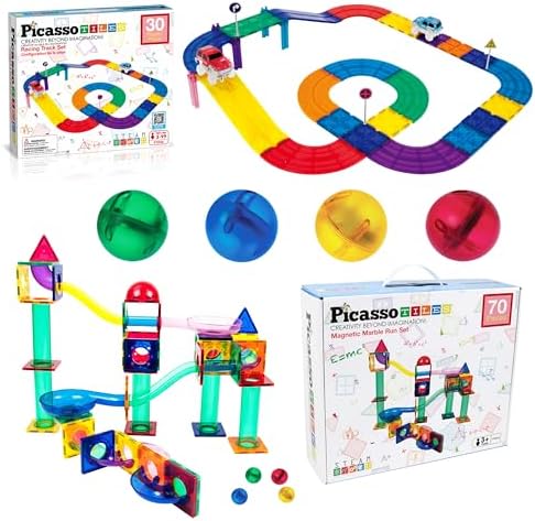 PicassoTiles 70PC Marble Run + 30PC Magnetic Race Car Track, Fun & Creative Playset: STEAM Learning, Enhance Construction Skills, Hand-Eye Coordination and Fine Motor Skills, Gift for Boys and Girls by PicassoTiles