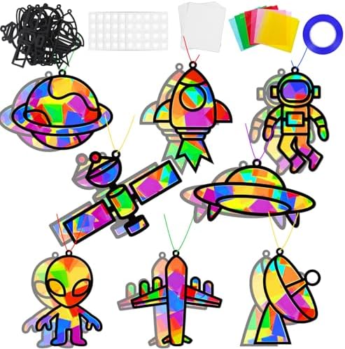 32 Sets Outer Space Suncatchers Craft Kit DIY Window Stained Glass Effect Planet Astronaut Alien Paper Crafts Home School Classroom Decoration Kid Birthday Gift Creative Art Project Activity Game by QOUBAI
