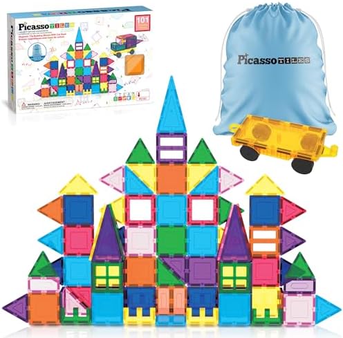 PicassoTiles 101 Piece Magnetic Tiles Building Set with Car & Bag Ages 3+ by PicassoTiles