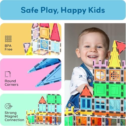 PicassoTiles Magnetic Tiles 61 Piece Magnet Tile Building Blocks Construction Sensory Toy Set with Carry Bag Storage Bin Container STEM Toddler Learning Educational Pretend Play Boy Girl Ages 3+ PT07 - Image 6