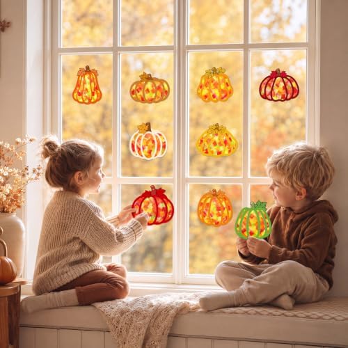 Renbuzhu 48PCS Fall Crafts Bulk: Pumpkin Paper Suncatchers DIY Kit for Autumn Thanksgiving Activities Decorations, Window Stained Glass Effect Art Supplies - Image 6