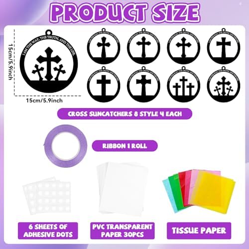 QOUBAI 32 Sets Easter Cross Suncatchers Craft Kit DIY Religious Window Stained Glass Effect Christian VBS Paper Hanging Ornament Kid Sunday School Birthday Gift Creative Art Project Activity Game - Image 2