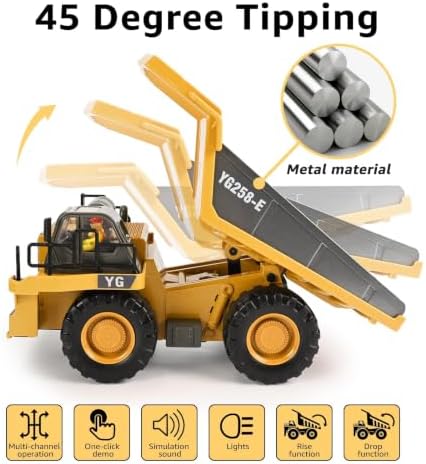 KidsFaves RC Dump Truck, 9CH Remote Control Dump Truck with Metal Dump Bed, 45° Lifting & 360° Rotation, 2 Batteries, Lights & Sounds, Construction Toy for Boys Age 3+ - Image 2