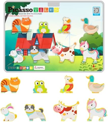 PicassoTiles 8 Piece Magnetic Farm Animal Figures, Building Add-On, Ages 3+ by PicassoTiles