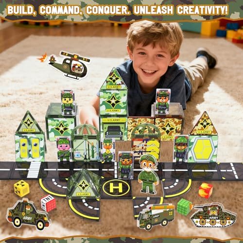 63Pcs Army Toys Magnetic Tiles Building Blocks Set with 5 Military Cars Men - Image 5