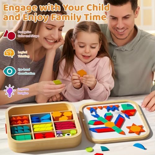 Wooden Magnetic Pattern Blocks Set with Cards, 288 PCS Montessori Tangram Puzzle Learning Toys for Toddlers 4-8, Educational STEM Gift for Kids Boys Girls 4 5 6 7 8 - Image 5