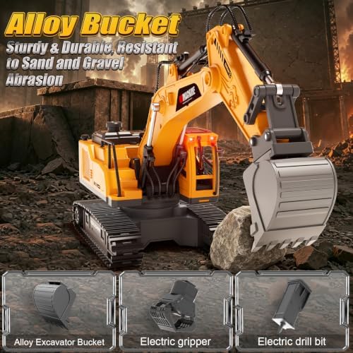 Jiakora 3-in-1 Remote Control Excavator Toy for Boys, 14-CH RC Construction Vehicle with 2 Rechargeable Batteries, Alloy Shovel, Drill & Grapple, Best Gifts for Kids Ages 3-5 4-7 6-8 9 10 12 Years Old - Image 3