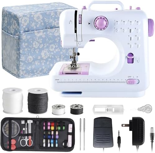 Sewing Machine for Beginners & Kids, Mini Portable Sewing Machines with 12 Built-in Stitch Patterns, 2-Speed Foot Pedal, Perfect for Teaching Daughter to Sew(with 27 Pieces Sewing Kit & Cover) by JUCVNBMiniSewingMachines